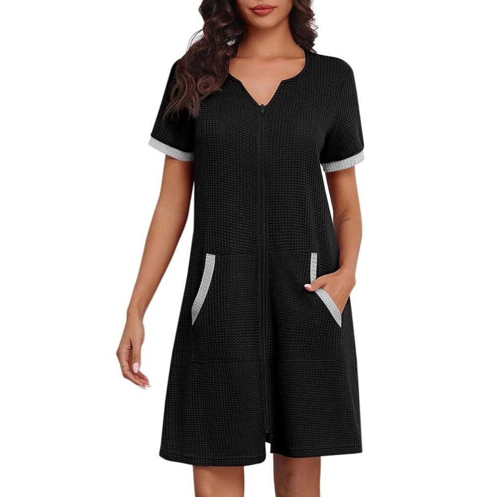NWT Ekouaer Black Waffle Zip Up Bathrobe Swim Coverup Size Large